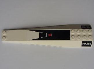 Tan LEGO 16x4 curved wedge brick with black and red air intake pattern and 'POLICE' text on a black sticker.