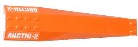 Orange LEGO 16x4 triple curved wedge with white 'ARCTIC-2' pattern and visible studs on one end.
