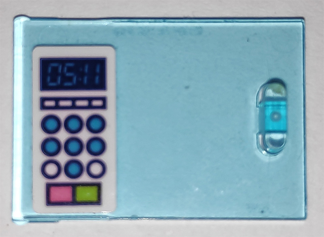 Light blue LEGO 2x3x2 cupboard door with microwave keypad sticker showing '05:11', blue buttons, and a small level.
