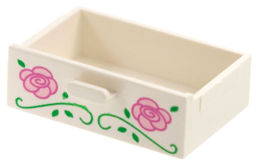 LEGO Container, Cupboard 2x3 Drawer, white, with a pink flower and green vine pattern.