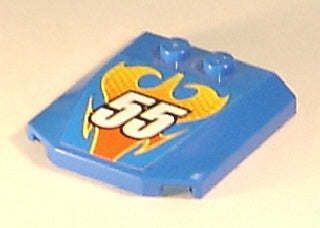 Blue LEGO 4x4x2/3 curved wedge decorated with yellow and orange flames and a white '55' racing number.