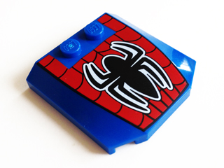 LEGO 45677pb074 blue 4x4x2/3 triple curved wedge brick with a red web and black spider pattern.