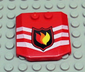Red LEGO 4x4 triple curved wedge part with three white horizontal stripes and a black shield with red and yellow flames in the center.
