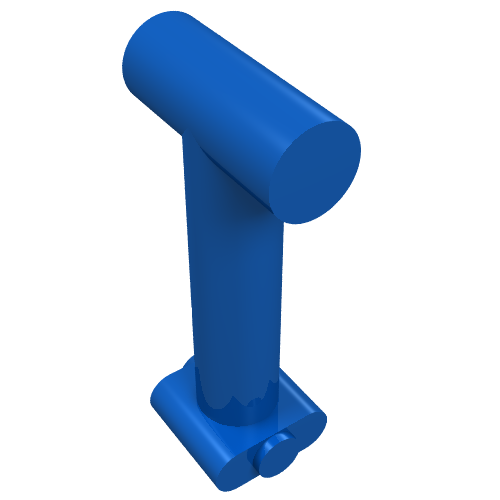 A blue LEGO 4628 Minifigure Utensil Jack Handle, featuring a vertical cylinder attached to a horizontal cylinder, with a base.