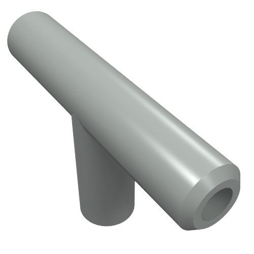 A light grey LEGO Pneumatic T Piece First Version (T Bar) with a main cylinder and a perpendicular side cylinder. One end is open.