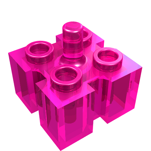 Transparent pink LEGO Brick, Modified 2 x 2 with Channels and Top Peg, angled view on white background.