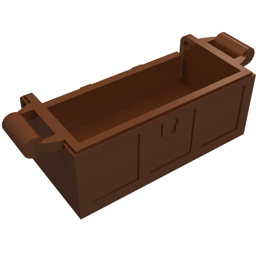 Brown LEGO 4738a treasure chest bottom with slots in the back, viewed from an angle.