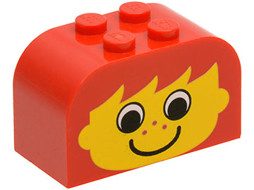 Red curved LEGO brick 4x2x2 with 4 studs and a yellow face print, featuring eyes, freckles, and a happy smile.