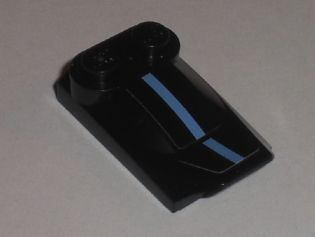 Black LEGO curved slope 3x2x2/3 wing end with 2 studs and a medium blue stripe pattern.