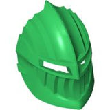 Green LEGO 47470 Large Figure Visor, Rascus. This helmet piece features a pointed top, ridged details, and eye slits.