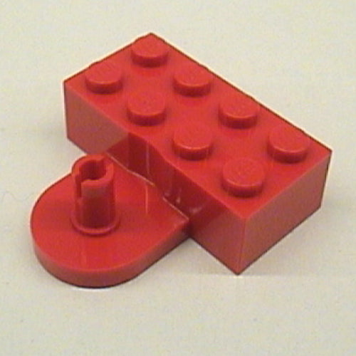 Red LEGO 4747b Modified 2x4 brick with male coupling: a raised pin and curved wall.