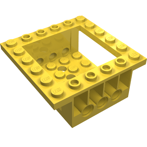Yellow LEGO 47507 Cockpit 6x6x2 Cabin Base with studs on top, open center, and pin holes on the sides, viewed from an angle.