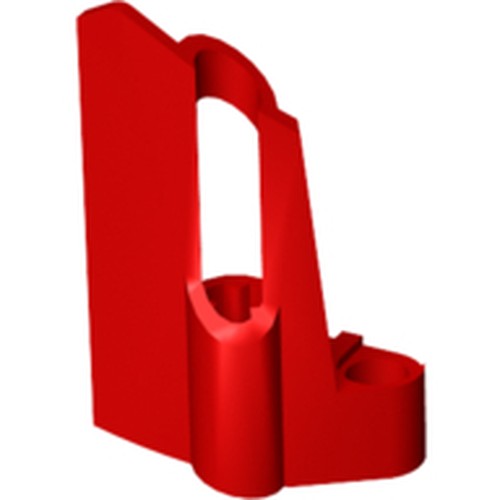 Red LEGO Technic Panel Fairing #25 Small Short, Small Hole. Angled view of the plastic piece with an arched opening and cylindrical base.