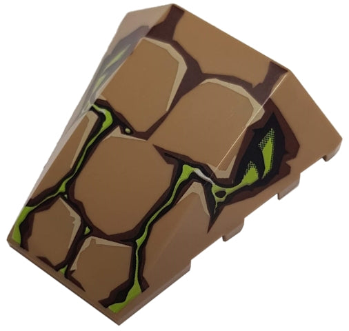 LEGO 47753pb028 tan Wedge 4x4 Triple Curved, no studs, with dark brown scales and two lime green snake eyes.