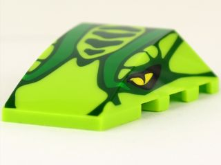 Lime green LEGO 4x4 triple curved wedge with a dark green snake head pattern and yellow eyes.