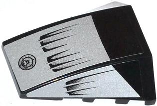 Black and silver LEGO Wedge 4 x 4 Triple Curved No Studs with black air intakes and a 2000 logo on a silver pattern.