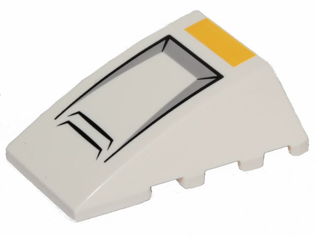 LEGO 47753pb080 white 4x4 triple curved wedge brick with black X-wing nose design and yellow top stripe.