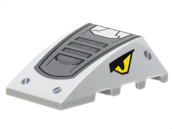 Light gray LEGO wedge 4x4 triple curved with dark gray and white armor pattern, screw details, and yellow eyes.