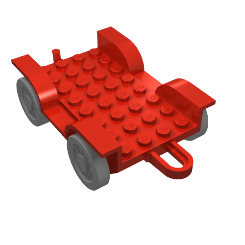 Red LEGO Fabuland Car Chassis 6 x 8 with gray wheels, studs on top, and a hitch, on a white background.