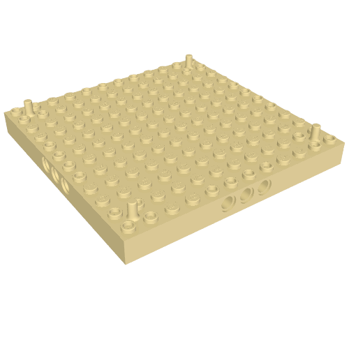 A tan LEGO modified 12x12 brick with 3 pin holes on each side and a peg at each corner.