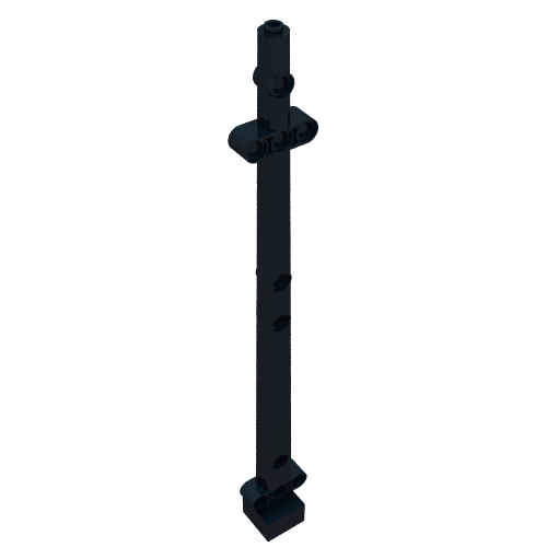 Black LEGO Boat Mast 2x2x20 (part 48002b) with multiple side holes, X-shaped axle hole on top, and a square base.