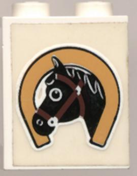 LEGO 4864apb002 - Paneel 1 x 2 x 2 - Solid Studs met hoefijzer en zwart paardenhoofd patroon (Sticker) - Set 6359