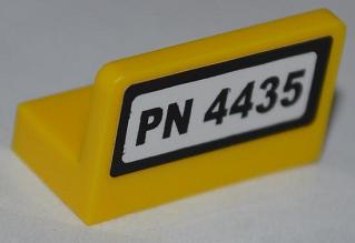 Yellow LEGO Panel 1x2x1 with 'PN 4435' license plate pattern on a white background and black border.