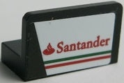 Black LEGO 1x2x1 panel with a white sticker featuring the red Santander logo and green, white, red stripes.