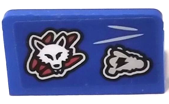 Blue LEGO 1x2x1 panel with sticker: white wolf head with red markings, and light bluish gray cloud with lightning bolt.