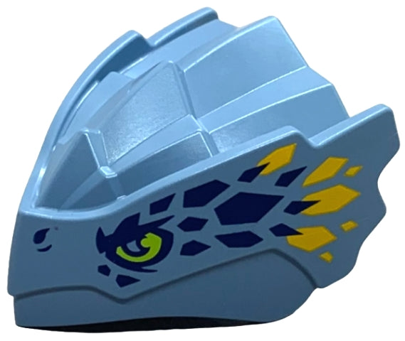 LEGO 4921pb01 - Drakenkop (Ninjago) met getrapte bovenkant en Pin Hole aan achterzijde met Lime ogen, donkerblauwe en fel lichtoranje schubben patroon