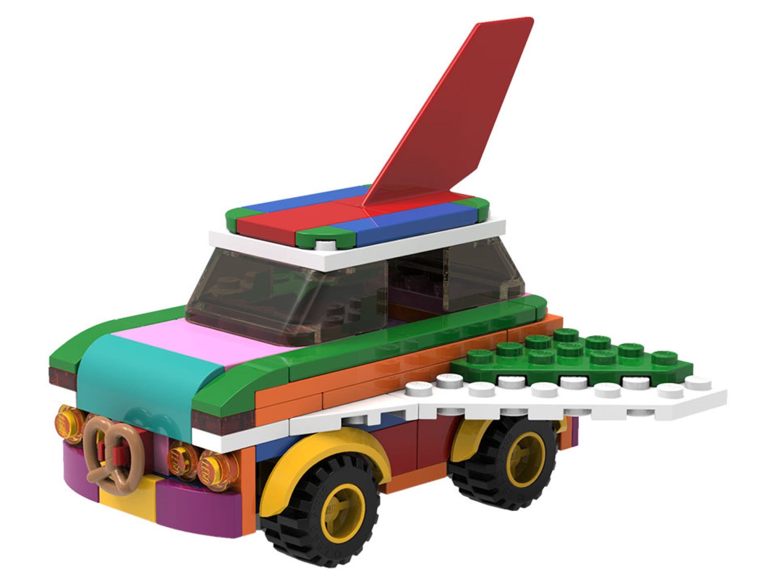 A colorful LEGO flying car model with a red top fin, clear windshield, pretzel element on the front, and a green studded side platform.