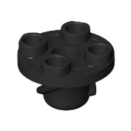 Black LEGO 50407 plate, round 2x2 thin with four studs, central hole, and rotation stem and screw base.