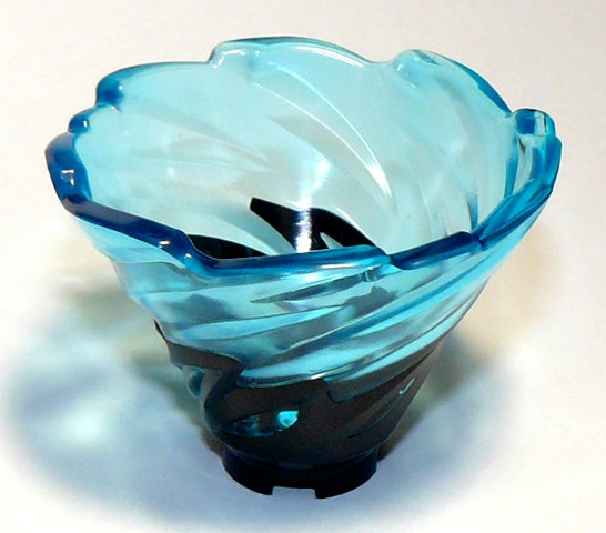 Trans-light blue LEGO Tornado of Spinjitzu narrow with swirled pattern and dark blue base, viewed from an angle.