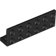 Black L-shaped LEGO bracket. It has a vertical 2x6 surface with studs and a horizontal 1x6 surface.