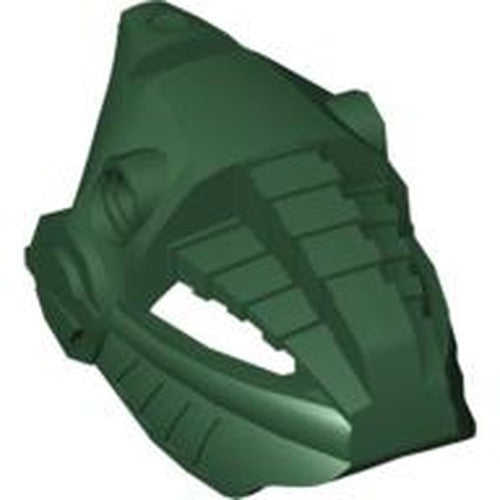 Dark green LEGO Bionicle head, Toa Hordika Matau 50933, showing intricate molding and textured surface.
