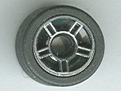 LEGO wheel 50944pb01c01 with black tire 50945, featuring a silver outline 5-spoke design on a black hub.
