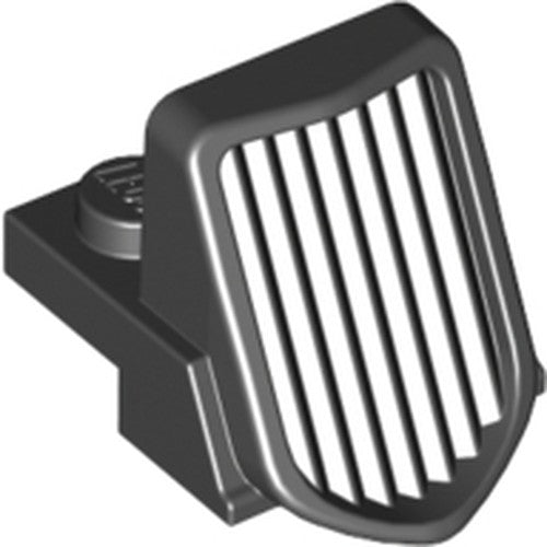 Black LEGO part 50946, a Vehicle Grille 1 x 2 x 2 2/3 Sloping, showing vertical white bars and a single stud.