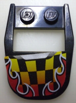 Black LEGO wedge 4x3 cut back with cutout and 2 studs. Features a yellow/black checkered pattern and red/white flames sticker.