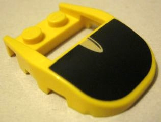 Yellow LEGO part 50948pb02, Wedge 4x3 Cut Back with 2 studs, featuring a black and silver pattern.