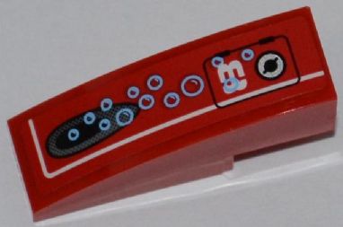 Red LEGO curved slope 3x1 part with white '8', black vent hole, and blue bubble pattern on the left side.