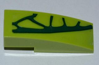 LEGO 50950pb047R Slope, Curved 3 x 1, lime green with dark green 4 scales pattern sticker, right side view.