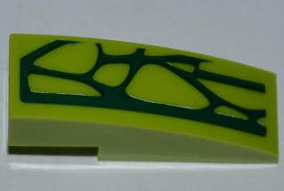 Lime green LEGO curved 3x1 slope piece with dark green organic pattern on its right side.