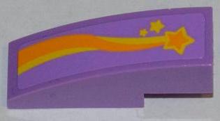 Lavender LEGO curved 3x1 slope brick with an orange and yellow shooting star pattern and small stars.