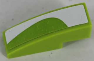 Lime green LEGO curved slope 3x1 piece with a white sticker featuring a green curved pattern on the right.