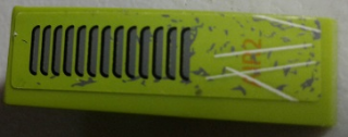Lime green LEGO slope, curved 3x1 with grille, splatters, scratches, white lines, and 'AIR2' pattern.
