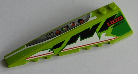 Lime green LEGO Wedge 10x3 Left part with 'KYOTO ZURUHNI' text, gray panel with red switches, and graphic stripes.