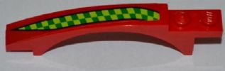 Red LEGO Curved Slope 8x1 with arch, featuring lime and green checkered stripe pattern on the left side.