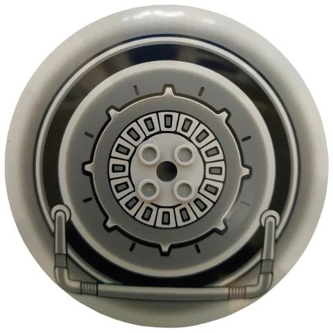 Light gray LEGO 10x10 inverted dish, SW Tank Droid pattern, four hollow studs, and pipe details.