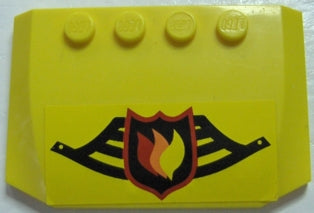 Yellow LEGO 4x6x2/3 curved wedge brick with a fire logo badge sticker on a black fire helmet pattern.