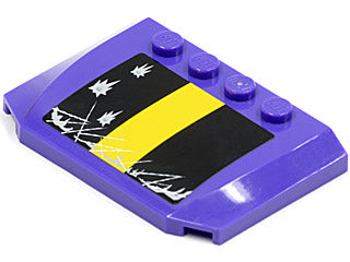 Purple LEGO 4x6 triple curved wedge with black and yellow stripe and white damage pattern.